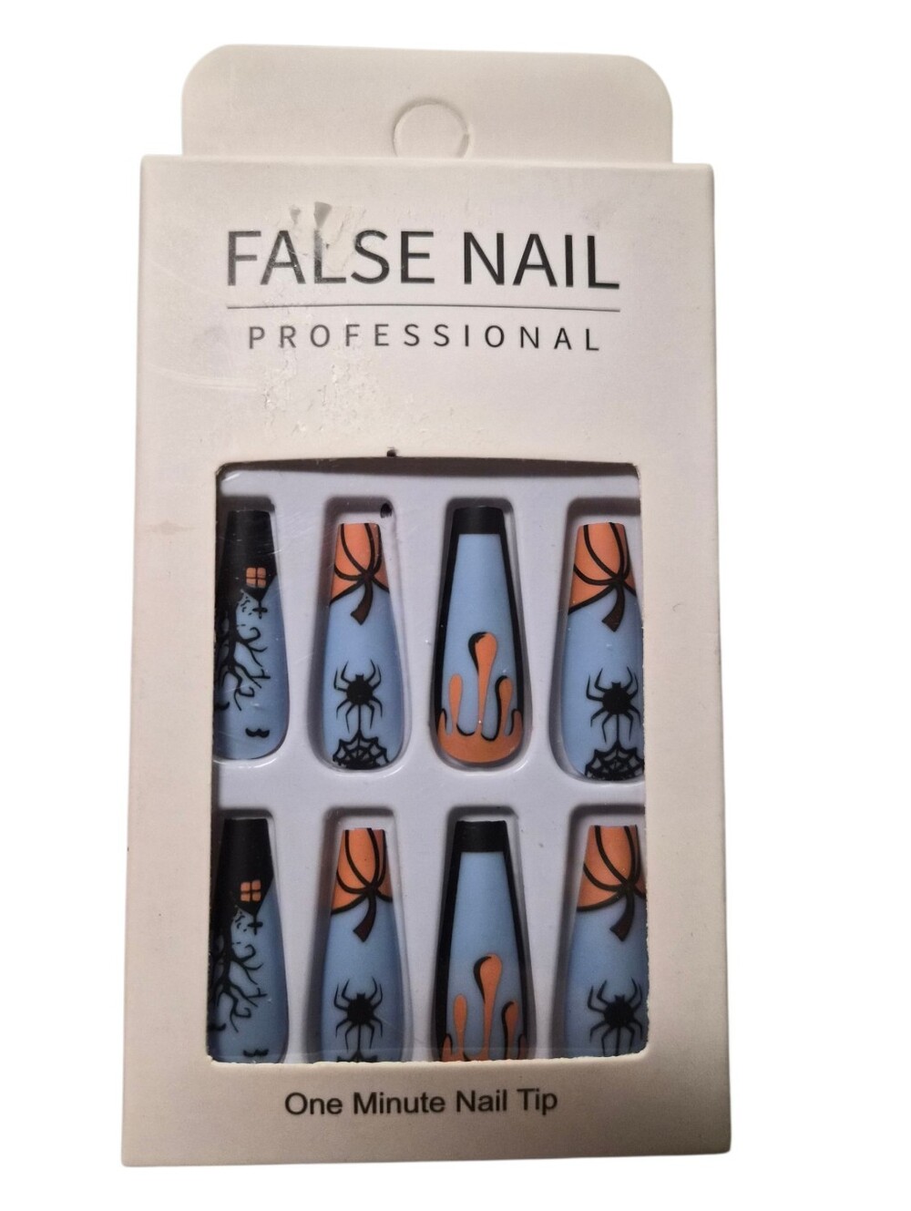 Halloween Press On Nails Blue Orange Spider Web Coffin Fake Nail Set